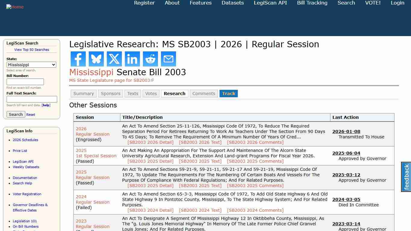 Legislative Research: MS SB2003 2026 Regular Session LegiScan